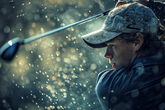 A golfer, adorned with a weathered cap, looks intently after the ball, club resting over the shoulder post-swing, amidst a bokeh of sunlight..