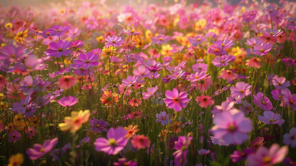 Obraz na płótnie Canvas A vibrant field of wildflowers in shades of pink, purple, and yellow, creating a mesmerizing sight