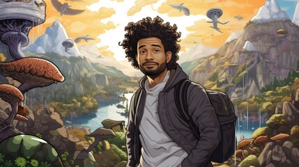 A man with a backpack is standing in front of a mountain range. The image is a cartoonish representation of a man in a video game