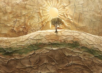 Drought. Climate change. abstract background a dry field and tree with the sun on top - obrazy, fototapety, plakaty