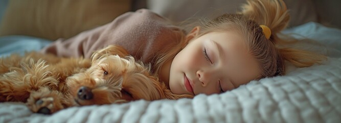 Little girls tucked in bed with her adorable little puppy cuddled up next to them - obrazy, fototapety, plakaty