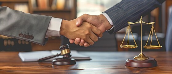 Close-up shot of a male lawyer negotiating and shaking hands with a guy client while seated at a desk in the office.