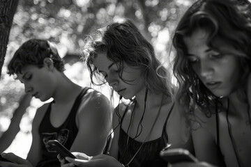 young individuals focused on their smartphones, sitting in a lush green park with vibrant foliage around.