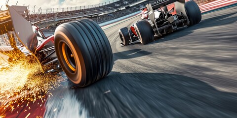 A race car speeds along a racetrack, emitting sparks as it grazes the curb during a high-speed moment.closeup - obrazy, fototapety, plakaty