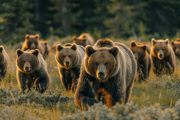 A powerful grizzly bear leads a group through a field at dusk, with the golden hour light casting a warm glow on the scene.. - obrazy, fototapety, plakaty