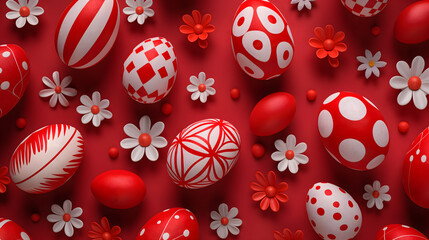 Festive Red Easter Eggs with Floral Patterns on a Vibrant Background - obrazy, fototapety, plakaty