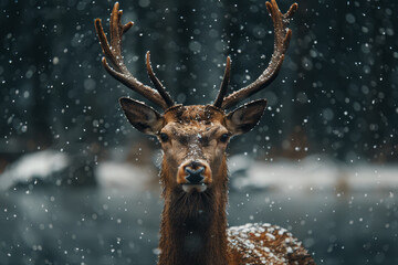 Close-up of a majestic deer with snowflakes clinging to its fur and antlers, amidst a tranquil snowfall.