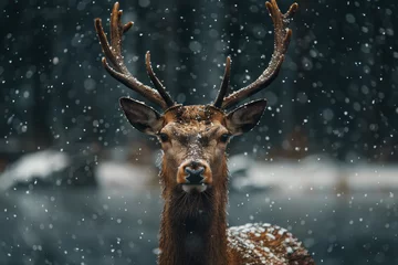 Fototapeten Close-up of a majestic deer with snowflakes clinging to its fur and antlers, amidst a tranquil snowfall. © bajita111122