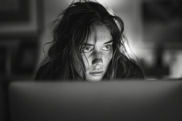 Close-up of a young woman's focused face with deep blue eyes, intensely looking at a computer screen in a home office..