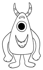 Coloring book page with monster with horns and one eye
