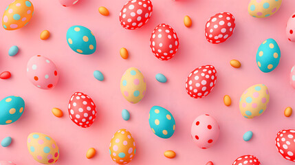 Colorful Easter Eggs with Polka Dots on Pink Background