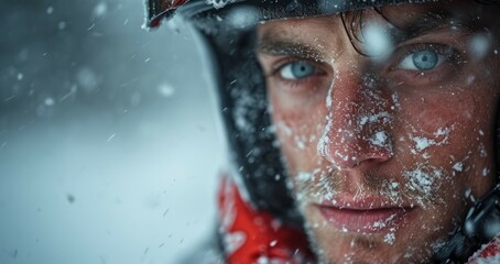 Closeup man wearing helmet and goggles in the snow.