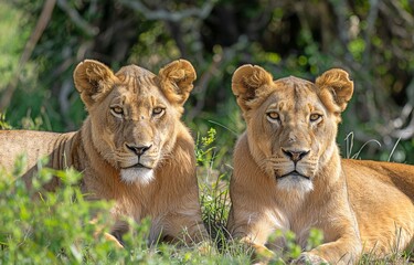 Fototapeta premium A young lion and its cub are resting in the shade of a verdant African Savannah.