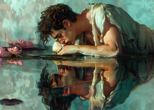 Narcissus in love with his own reflection in the water , narcissism concept