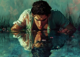 Narcissus in love with his own reflection in the water , narcissism concept