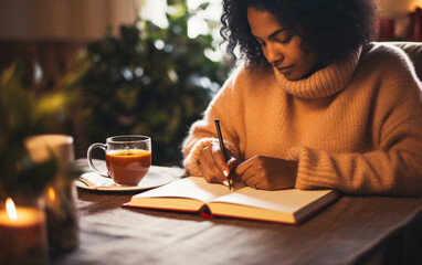 Young african american woman writer writing in notepad and drinking hot drink tea, wellness at home