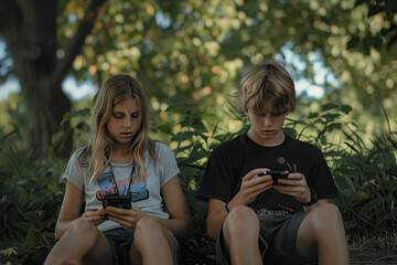 A boy and girl sit back-to-back under a tree, deeply focused on their smartphones, illustrating modern youth's engagement with technology..