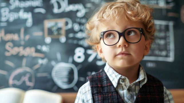 A young boy wearing glasses and a suit sits at a chalkboard with the numbers written on it. Smart little student in front of a blackboard in a classroom. Clever boy wearing eyeglasses and clothes