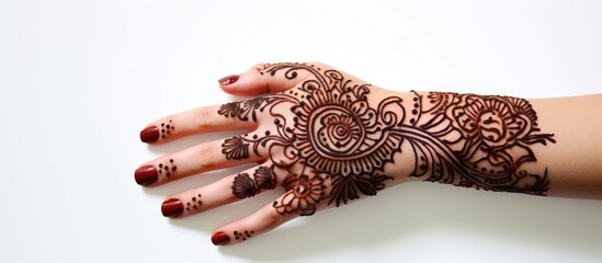 A person's hand is elegantly decorated with a traditional henna tattoo design