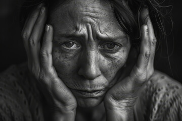 Black and white image capturing the intense emotion of a woman with hands on face and a distressed expression..