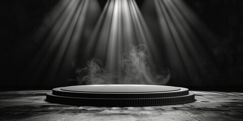 Fototapeta premium round black podium with smoke on dark background, mock up for montage and products.