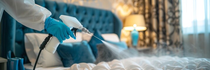 Disinfector in full gear spraying bed bug spray, with mist filling the room, showcasing the meticulous approach to pest control