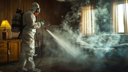 Naklejka premium Disinfector in full gear spraying bed bug spray, with mist filling the room, showcasing the meticulous approach to pest control