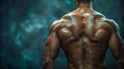 Muscular Male Back and Shoulders in Gym Setting - obrazy, fototapety, plakaty