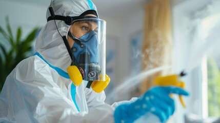 Close-up of a disinfector wearing protective gear, applying bed bug spray in a room