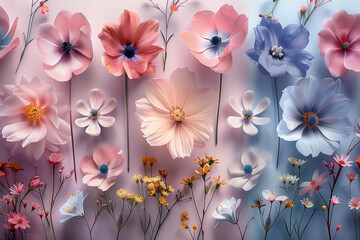 Various pink blue soft pastel colors flowers on wall