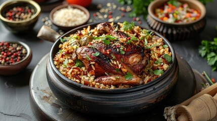 Arabic rice with quail, in the style of Pinnadhrayal