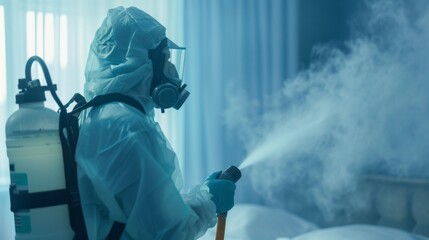 Disinfector in a protective suit and breathing mask spraying bed bug spray in a room