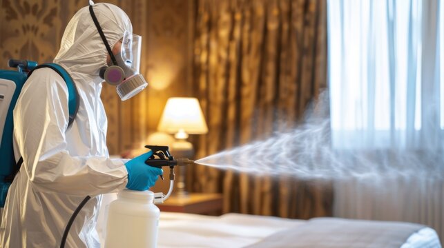 Disinfector in a protective suit and breathing mask spraying bed bug spray in a room