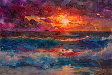 a sunset over a beach and the waves - obrazy, fototapety, plakaty