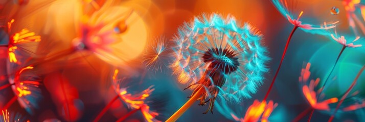 Dandelion on a neon background, the shining light of which emphasizes the beauty of the flower