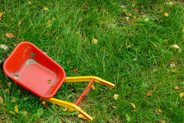 Children toys outdoors on green grass.