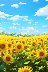 Golden Horizons: Panoramic Sunflower Field Beneath Clear Blue Sky