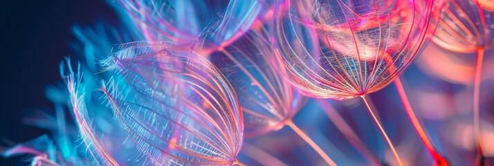 Macro shot of dandelion seed head on neon background