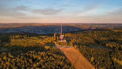 Jauerling mountain area with transmitter tower in Austria. Aerial morning view with beautiful warm...