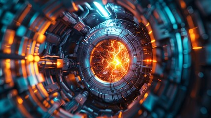 A highly detailed visualization of a futuristic portal core, glowing with energy and cracks, inside a complex high-tech facility with intricate mechanical details.