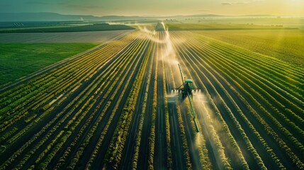 An agricultural field being irrigated by a lateral move system, with the system slowly moving across the field - obrazy, fototapety, plakaty