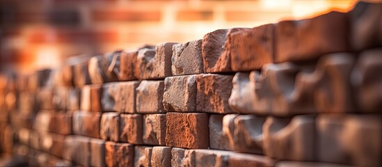 A detailed closeup of brickwork with a fire glowing in the background, highlighting the intricate pattern and texture of the building material - obrazy, fototapety, plakaty