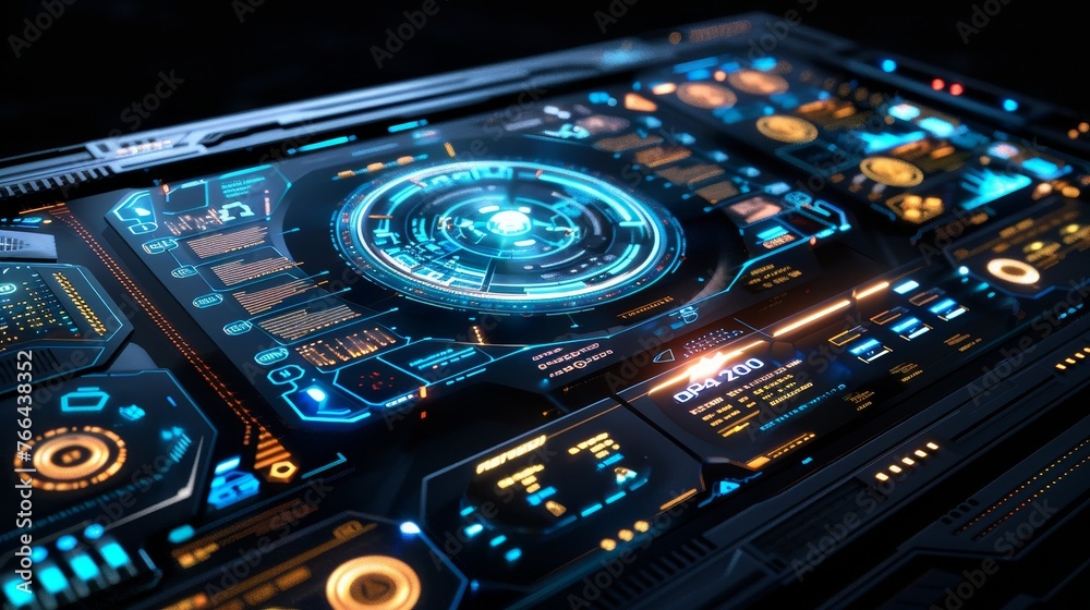 Leinwandbilder A high-tech, futuristic interface featuring holographic display panels, dynamic data analytics, and interactive touch elements symbolizing cutting-edge technology.