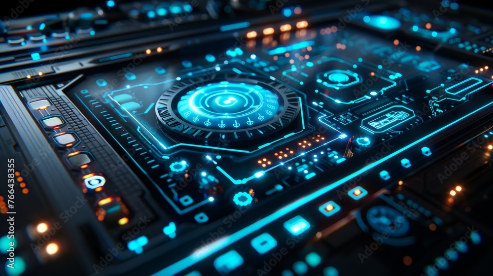 Poster A high-tech, futuristic interface featuring holographic display panels, dynamic data analytics, and interactive touch elements symbolizing cutting-edge technology.