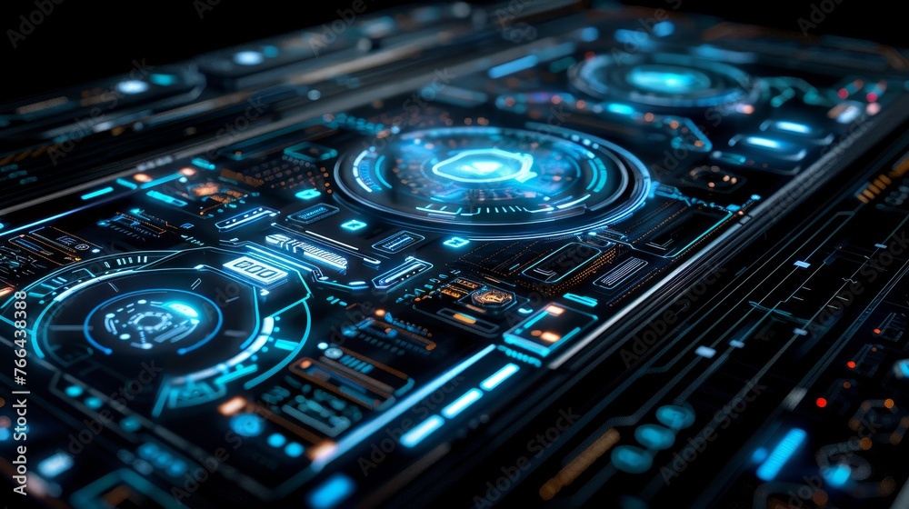 Poster A high-tech, futuristic interface featuring holographic display panels, dynamic data analytics, and interactive touch elements symbolizing cutting-edge technology.
