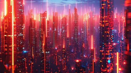 Obraz premium : A mesmerizing cityscape at twilight, illuminated by futuristic neon lights in red and blue, portraying a vibrant urban life in the digital age.