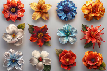 Set of different colored flowers arranged on gray background wallpaper