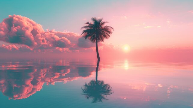 A peaceful tropical sunset scene with a single palm tree standing tall against a backdrop of cotton candy clouds reflected over the smooth surface of calm waters.