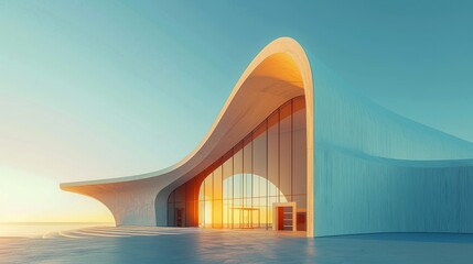 3D rendering of an abstract architectural structure, embodying modern minimalism with clean lines with warm golden sunlight with cool shadows inside, and a bright blue sky background
