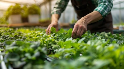 Farmer takes care of crops and sets up drip irrigation system in greenhouse